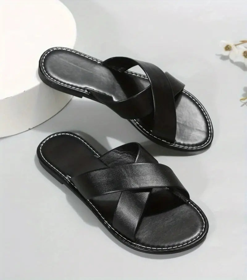 Women's Cross Strap Orthopedic Flat Slippers, Solid Color Open Toe Non Slip Slides